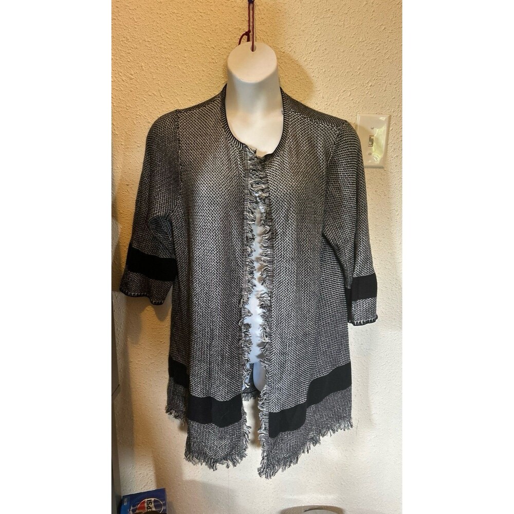 Women's Jones Studio Black & White Knit Fringe Cardigan 1X